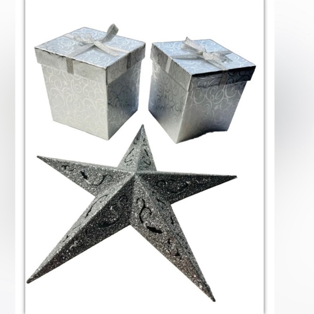 (2) Silver Cube Gift Boxes & Star Tree Topper - Decor/Gifts/Christmas Tree